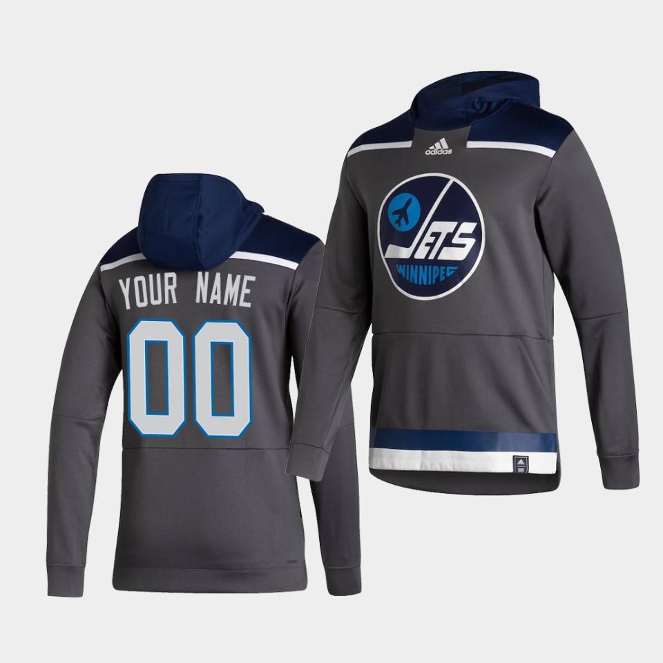 Men Winnipeg Jets #00 Your name Grey NHL 2021 Adidas Pullover Hoodie Jersey